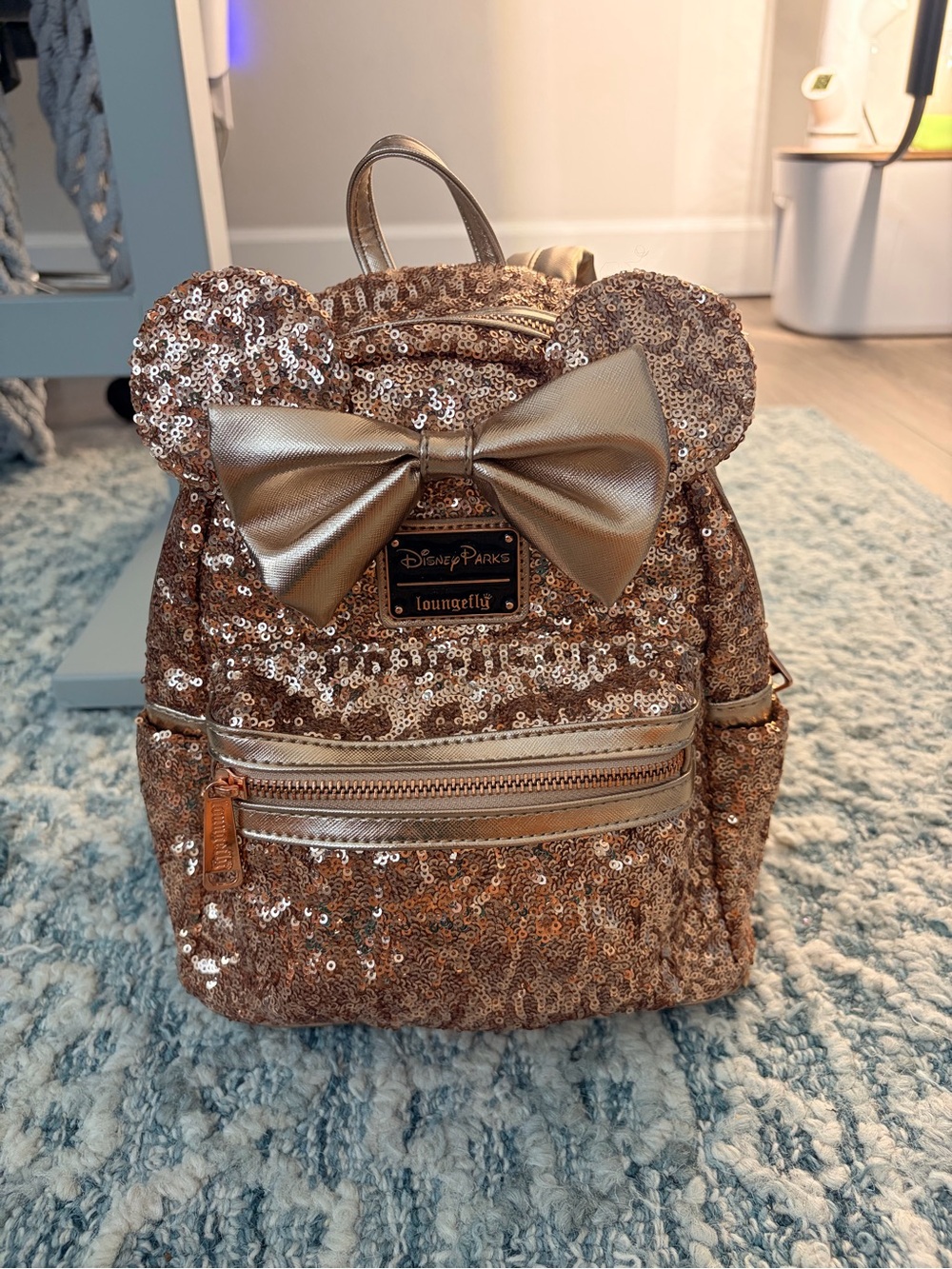 Disney Parks Loungefly Rose Gold Sequin Minnie Ears Backpack